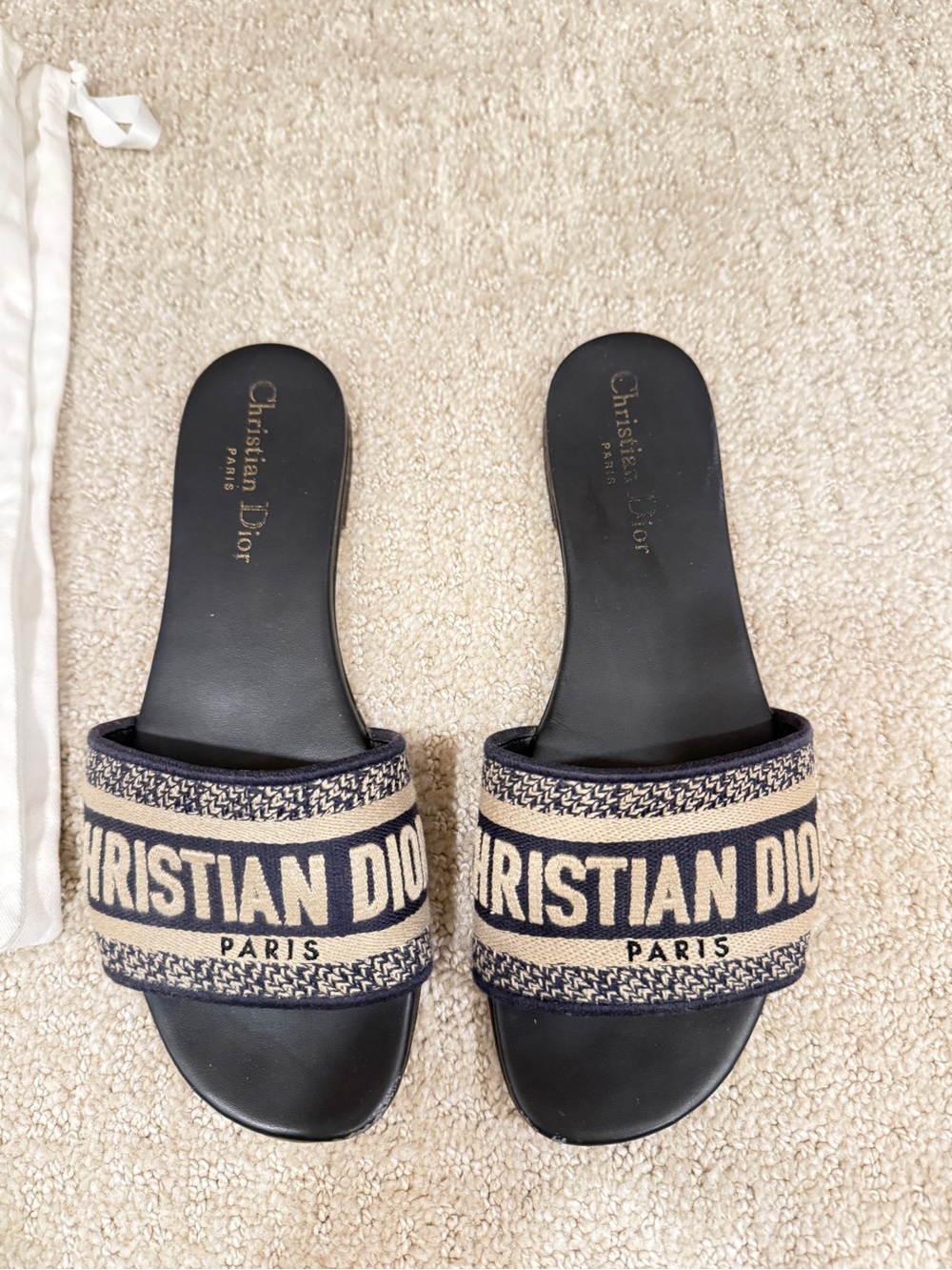 Dior Deep Blue & Beige Embroidered Logo Slide Sandals - Picture 5 of 10